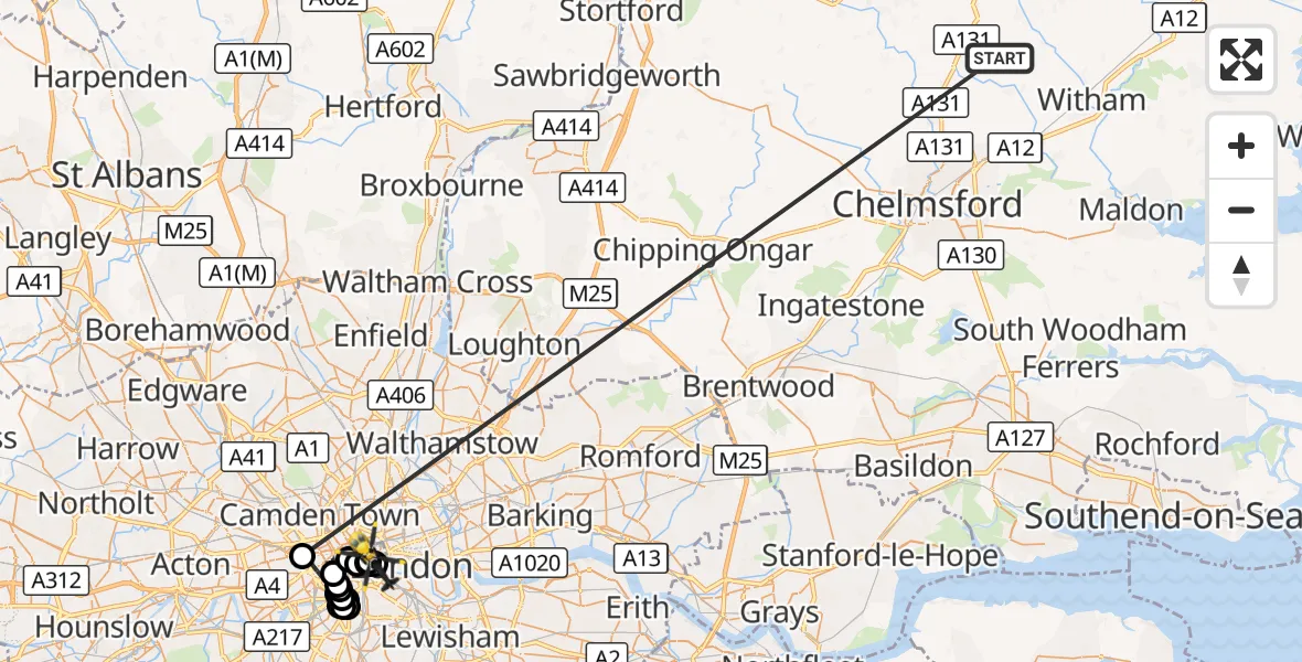 Flight route Police Helicopter Braintree - Bank of America, 19 October 2026, 15:19