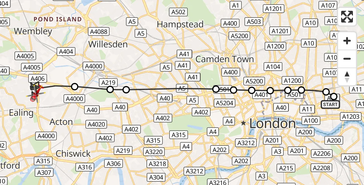 Flight route Air Ambulance Helicopter Royal London Hospital - Park Royal, 19 October 2026, 15:19