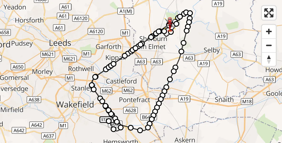 Flight route Air Ambulance Helicopter YAA Nostell Helicopter Port - Leeds East Airport, 19 October 2026, 15:23