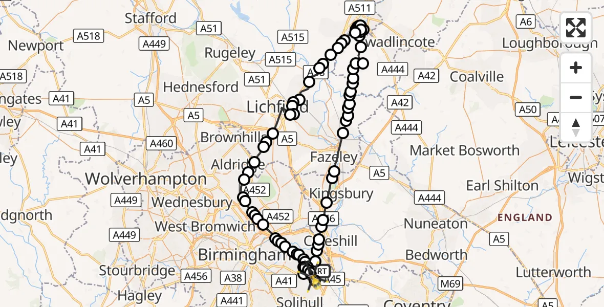 Flight route Police Helicopter Birmingham Airport - Birmingham Airport, 19 October 2026, 15:23
