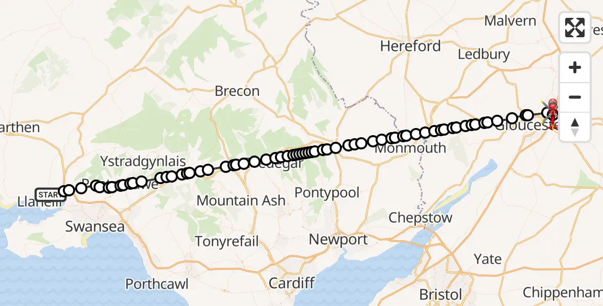 Flight route Air Ambulance Helicopter Dafen - Tewkesbury, 19 October 2026, 15:25