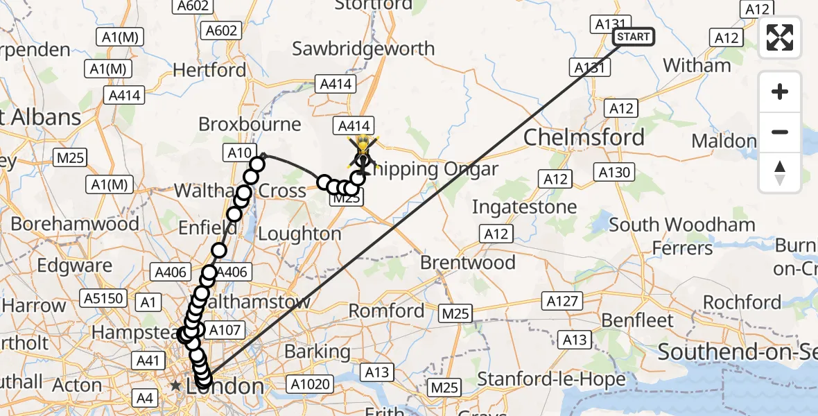 Flight route Police Helicopter Braintree - North Weald Airfield, 19 October 2026, 15:35