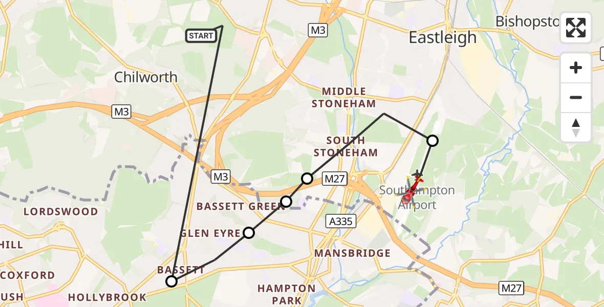 Flight route Air Ambulance Helicopter Chilworth - Southampton Airport, 19 October 2026, 15:38