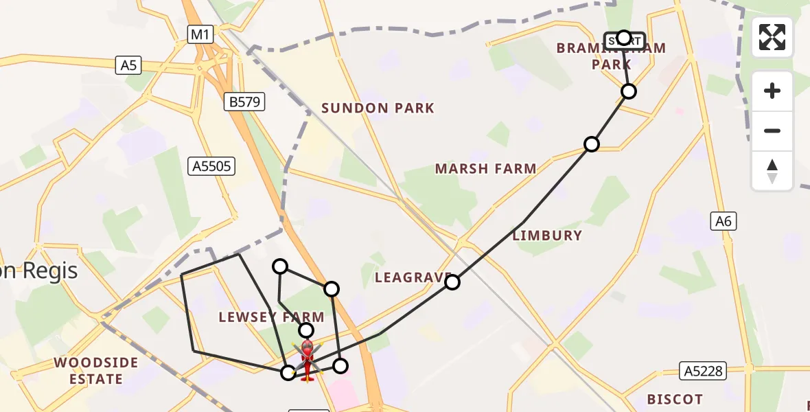 Flight route Air Ambulance Helicopter Bramingham Park - Leagrave, 19 October 2026, 15:46