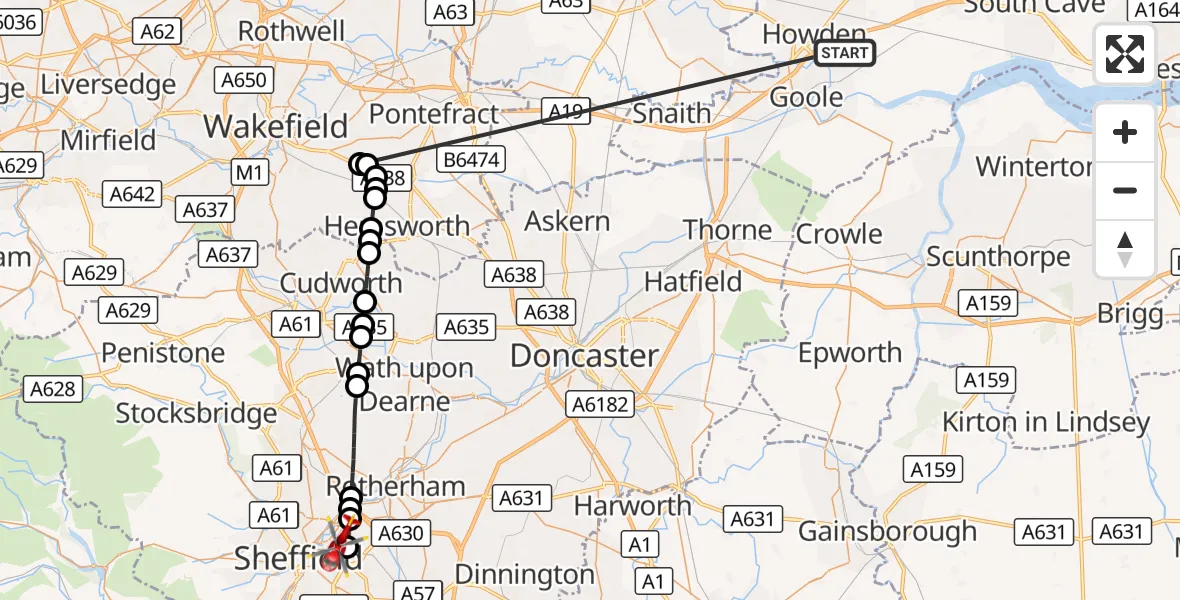 Flight route Air Ambulance Helicopter Balkholme - Darnall, 19 October 2026, 15:48
