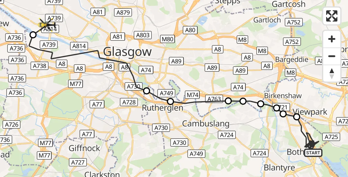 Flight route Police Helicopter Bothwell - Glasgow, 19 October 2026, 15:49