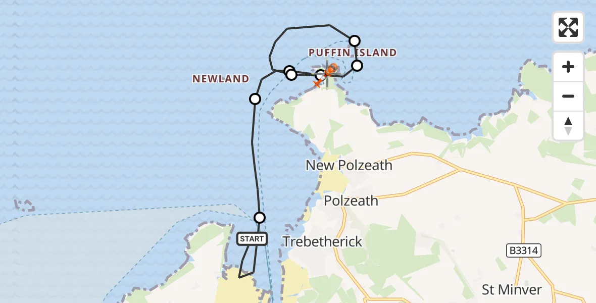 Flight route Coastguard Helicopter Trebetherick - St. Minver Highlands, 19 October 2026, 15:56