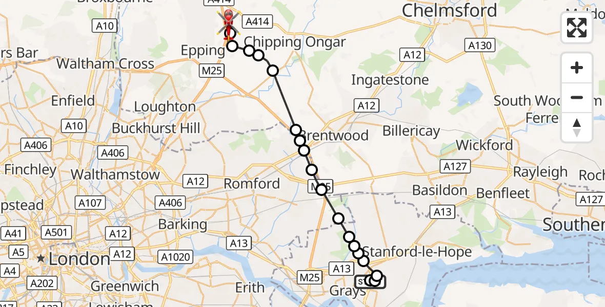 Flight route Air Ambulance Helicopter Chadwell St Mary - North Weald Airfield, 19 October 2026, 16:01