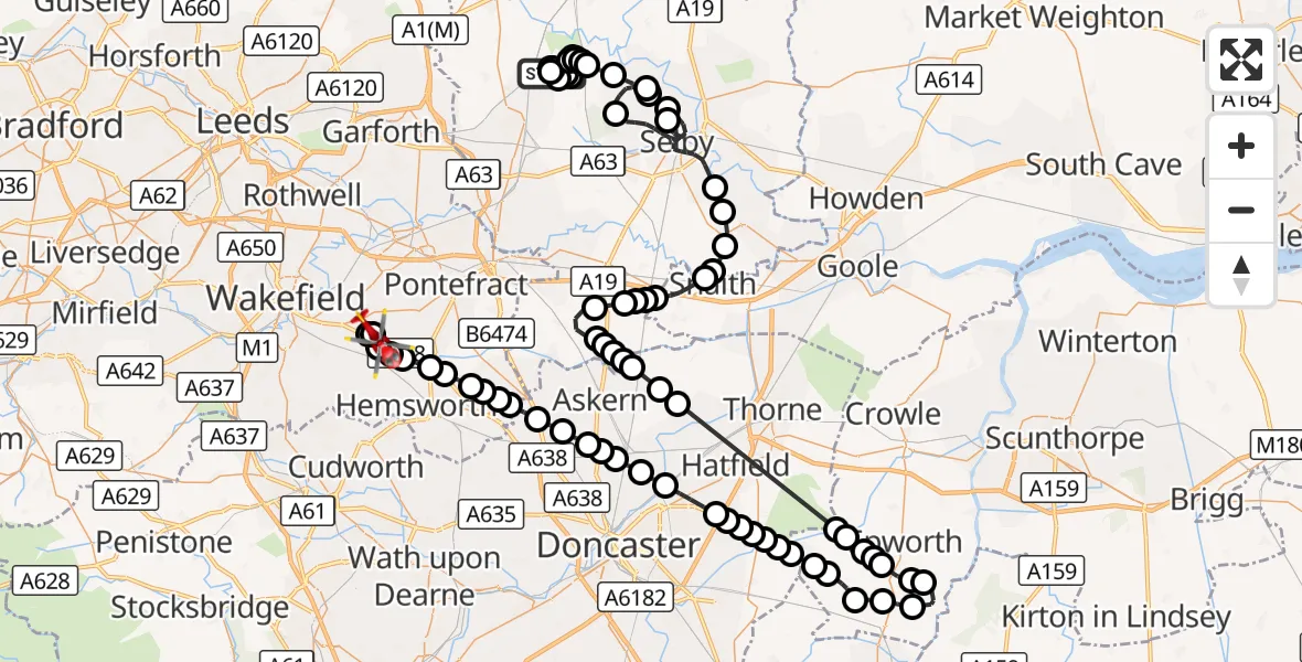 Flight route Air Ambulance Helicopter Leeds East Airport - YAA Nostell Helicopter Port, 19 October 2026, 16:07