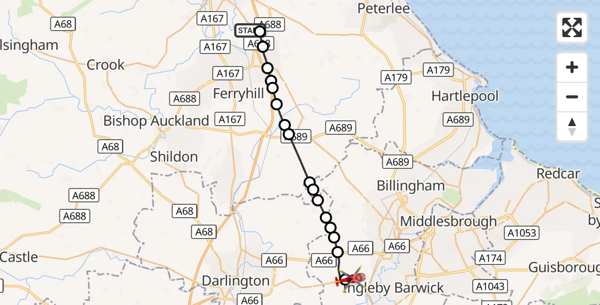 Flight route Air Ambulance Helicopter High Shincliffe - Egglescliffe, 19 October 2026, 16:08