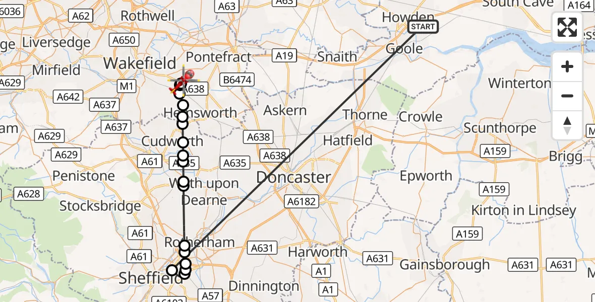 Flight route Air Ambulance Helicopter Balkholme - YAA Nostell Helicopter Port, 19 October 2026, 16:10