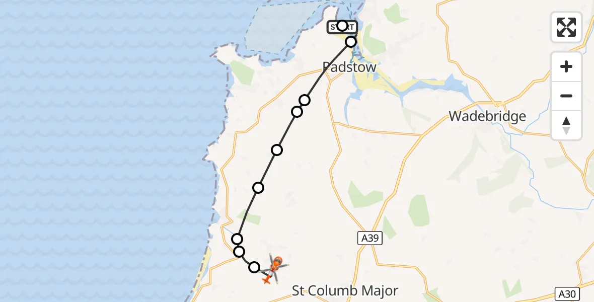 Flight route Coastguard Helicopter Padstow - Cornwall Airport Newquay, 19 October 2026, 16:16