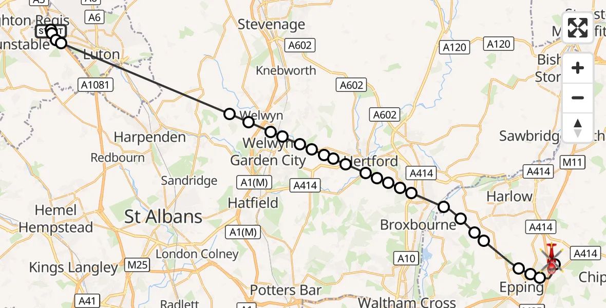 Flight route Air Ambulance Helicopter Luton & Dunstable - North Weald Airfield, 19 October 2026, 16:34