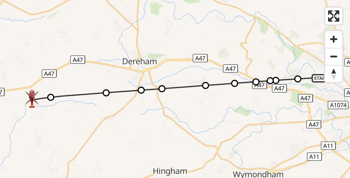 Flight route Air Ambulance Helicopter Costessey - Necton, 19 October 2026, 16:42