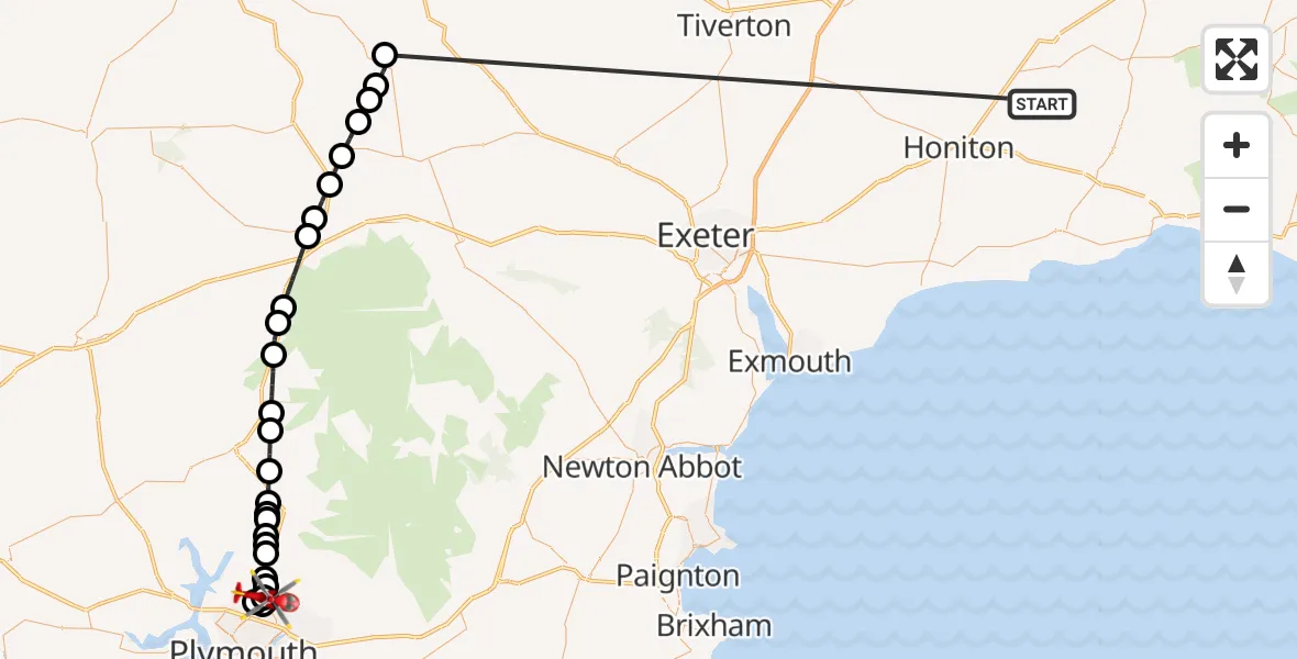 Flight route Air Ambulance Helicopter Stockland - Derriford Hospital, 19 October 2026, 16:42