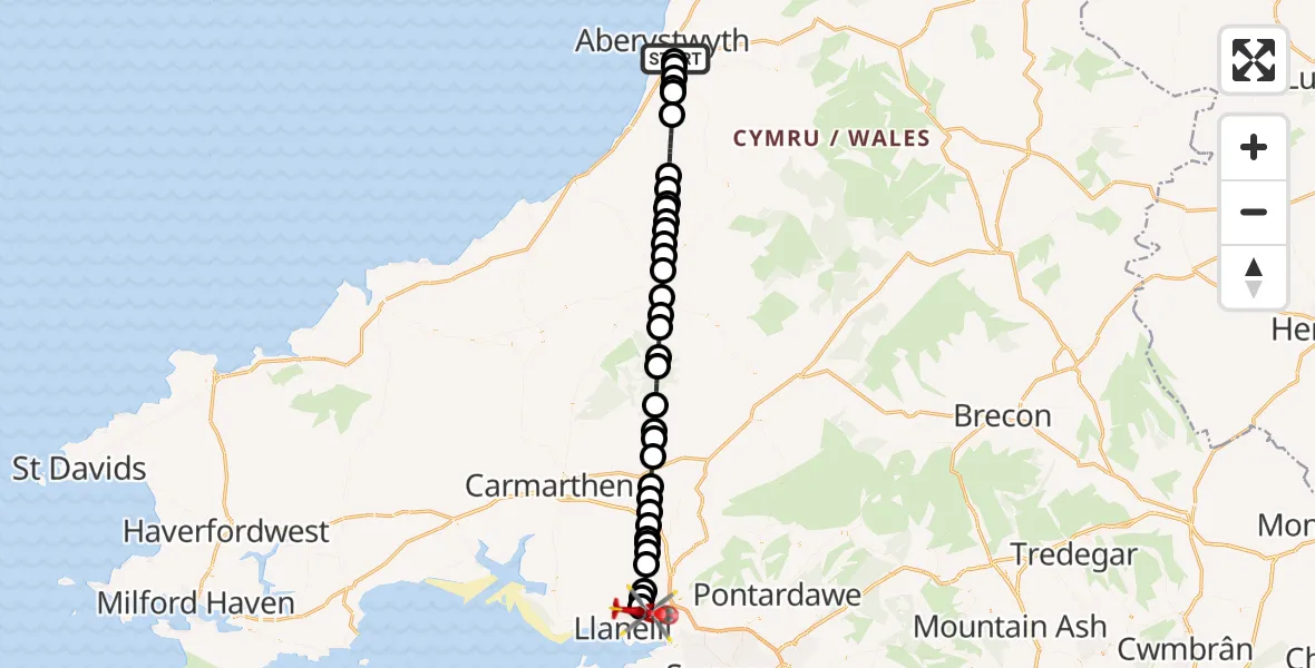 Flight route Air Ambulance Helicopter Moriah - Dafen, 19 October 2026, 16:48