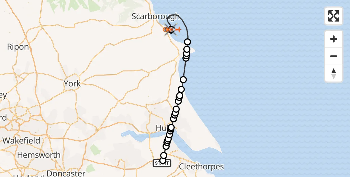 Flight route Coastguard Helicopter Humberside Airport - North Sea, 19 October 2026, 16:54