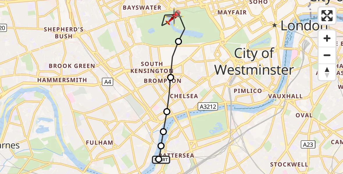 Flight route Air Ambulance Helicopter London Heliport - City of Westminster, 19 October 2026, 16:56