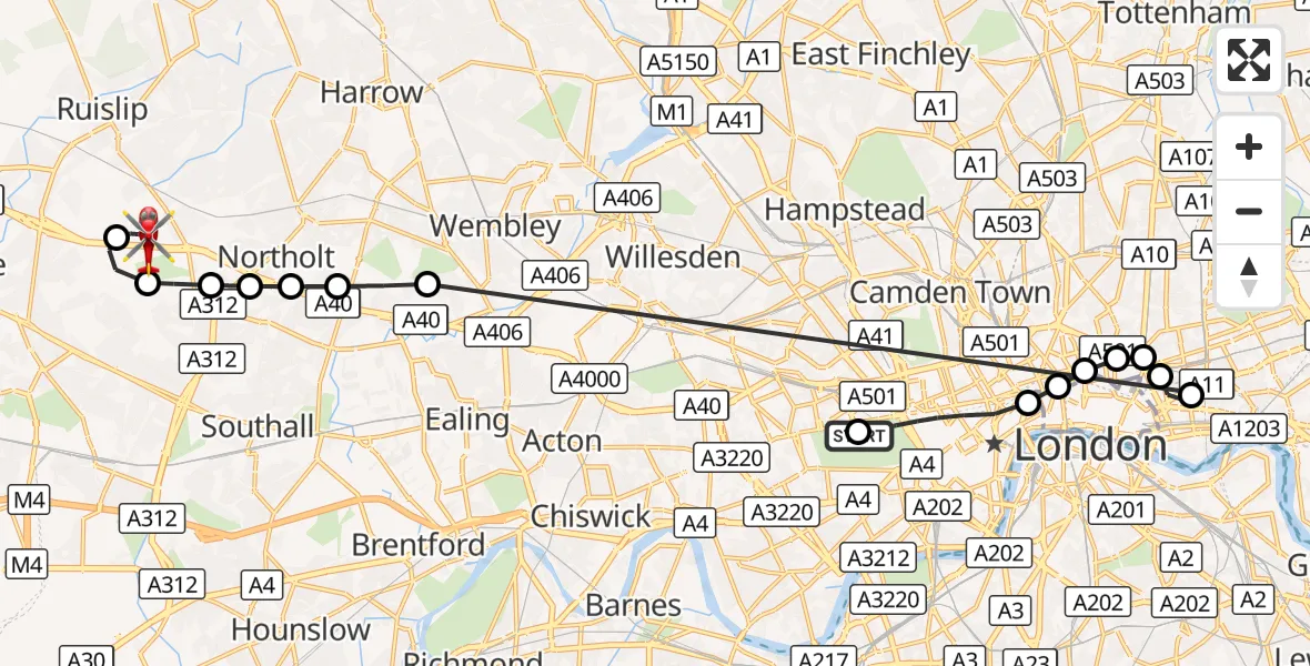 Flight route Air Ambulance Helicopter City of Westminster - RAF Northolt, 19 October 2026, 17:07