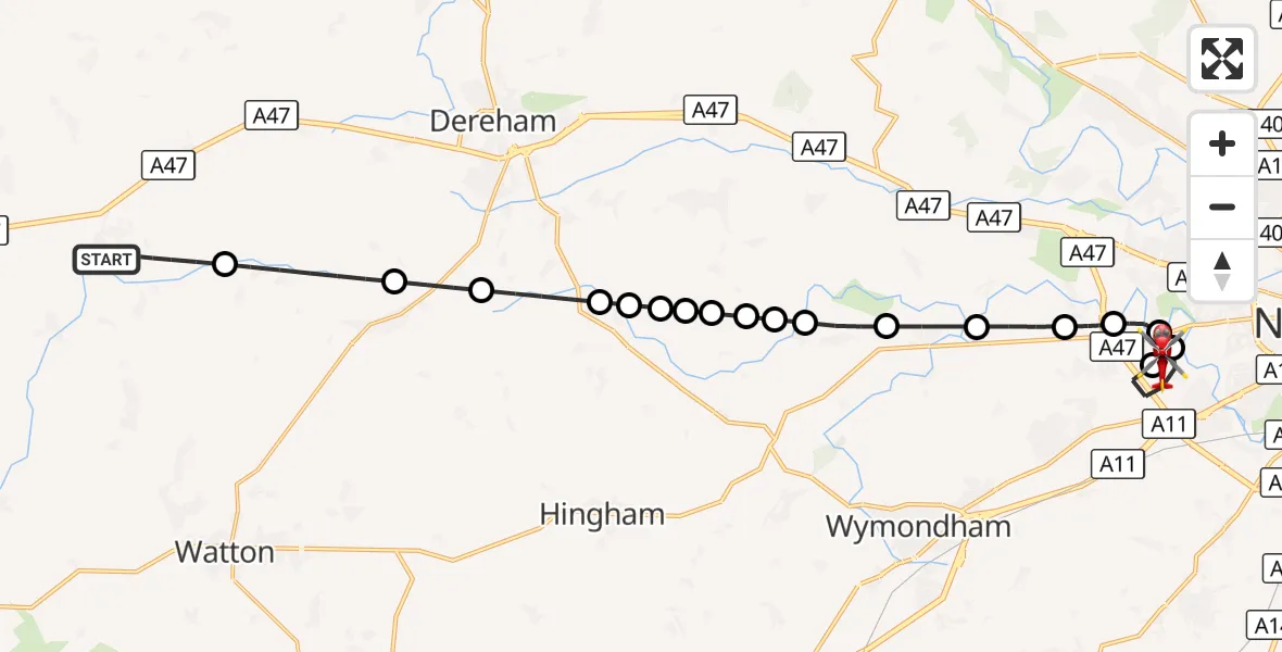 Flight route Air Ambulance Helicopter Necton - Norfolk & Norwich Hospital, 19 October 2026, 17:28