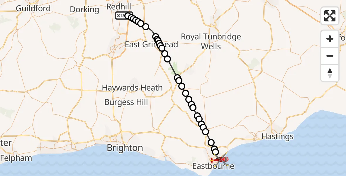 Flight route Air Ambulance Helicopter Redhill Aerodrome - Eastbourne, 19 October 2026, 17:45