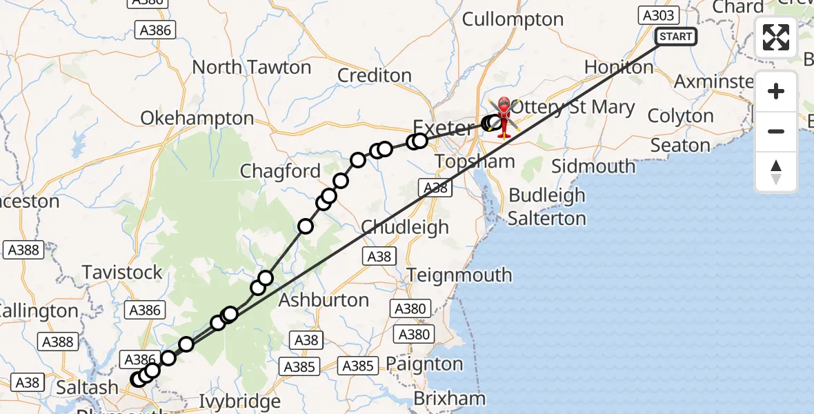 Flight route Air Ambulance Helicopter Stockland - Exeter International Airport, 19 October 2026, 17:53