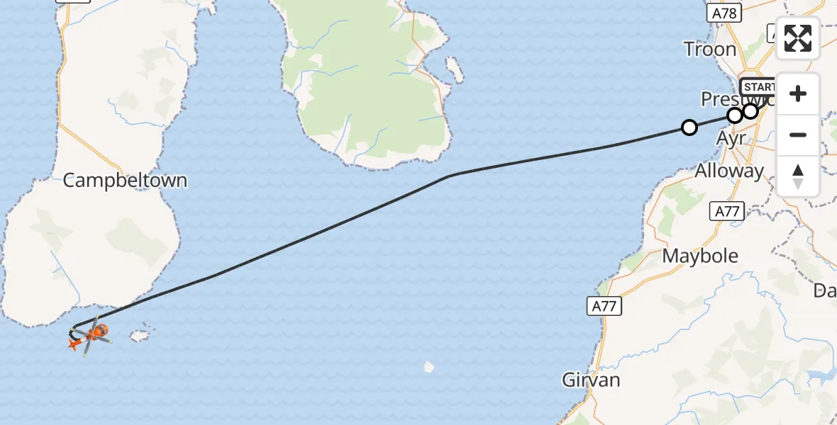 Flight route Coastguard Helicopter Glasgow Prestwick Airport - Inner Seas, 19 October 2026, 17:55