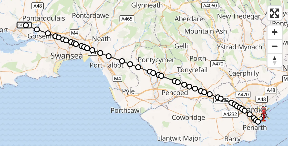 Flight route Air Ambulance Helicopter Dafen - Cardiff Heliport, 19 October 2026, 18:00