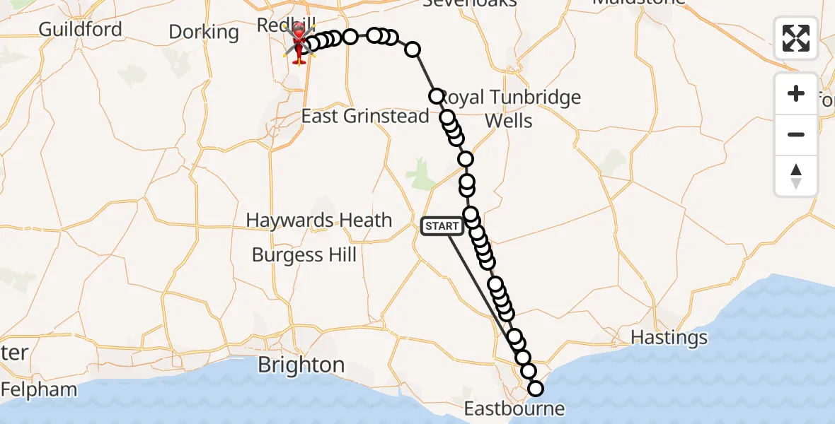 Flight route Air Ambulance Helicopter Buxted - Redhill Aerodrome, 19 October 2026, 18:56