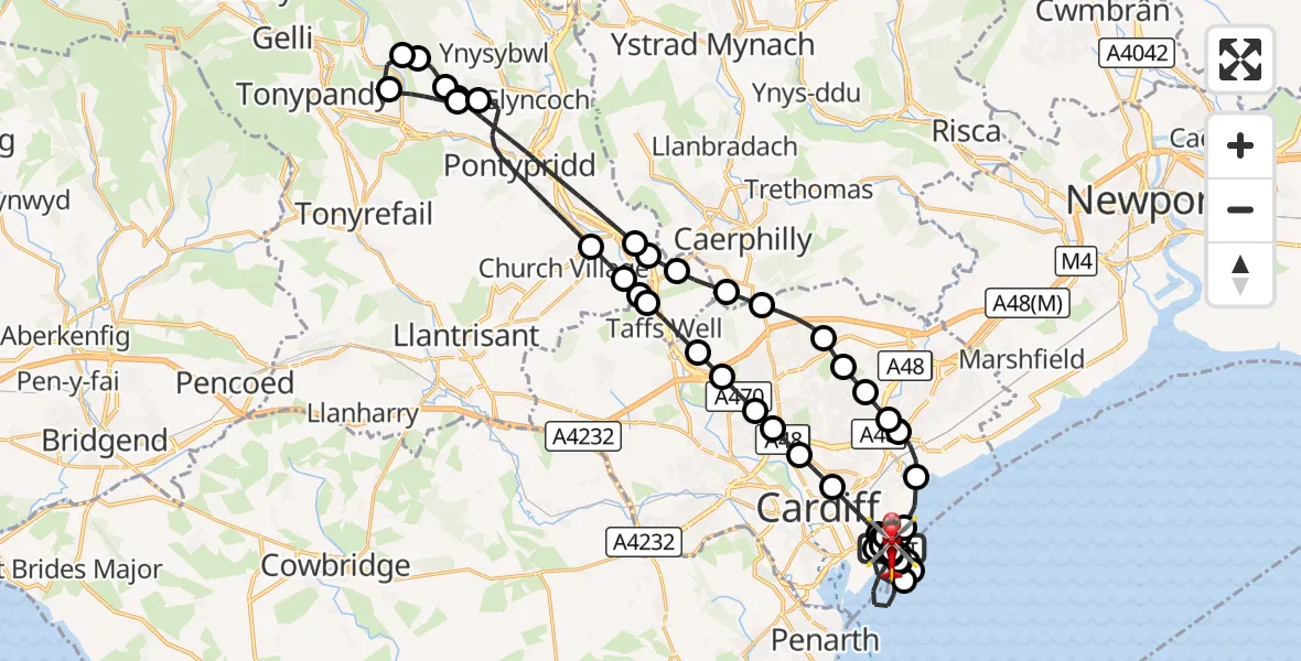Flight route Air Ambulance Helicopter Cardiff Heliport - Cardiff Heliport, 19 October 2026, 19:08