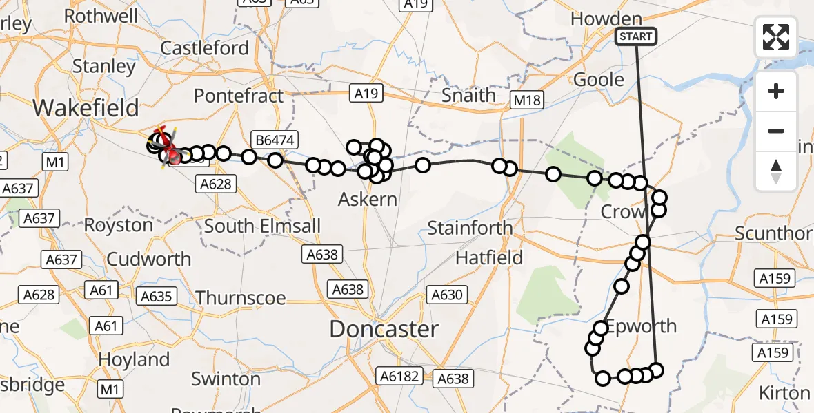 Flight route Air Ambulance Helicopter Balkholme - YAA Nostell Helicopter Port, 19 October 2026, 19:36