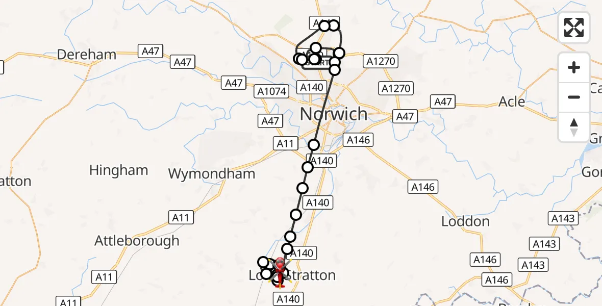 Flight route Air Ambulance Helicopter Norwich Airport - Long Stratton Airstrip, 19 October 2026, 19:39