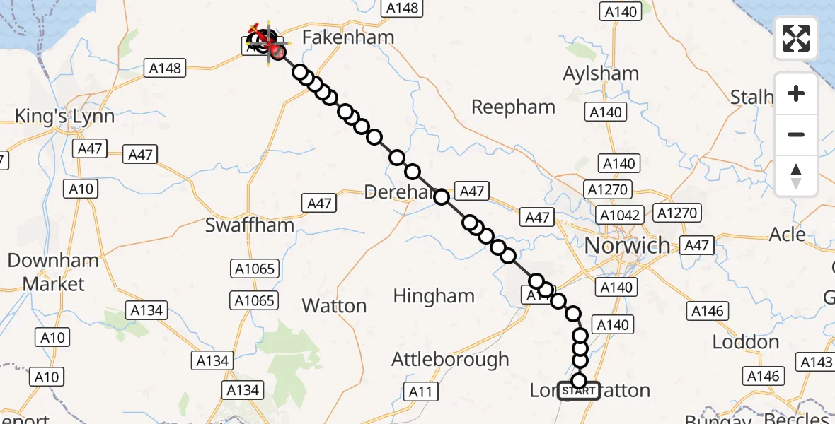 Flight route Air Ambulance Helicopter Long Stratton Airstrip - Broomsthorpe, 19 October 2026, 20:25