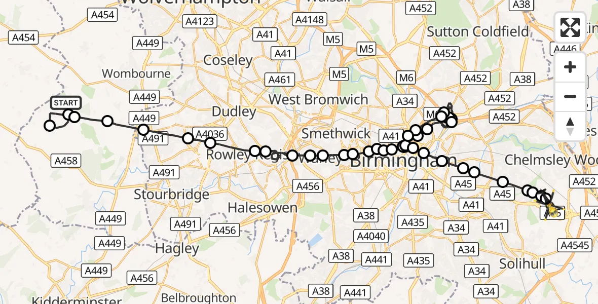 Flight route Police Helicopter Wolverhampton Halfpenny Green Airport - Birmingham Airport, 19 October 2026, 20:32