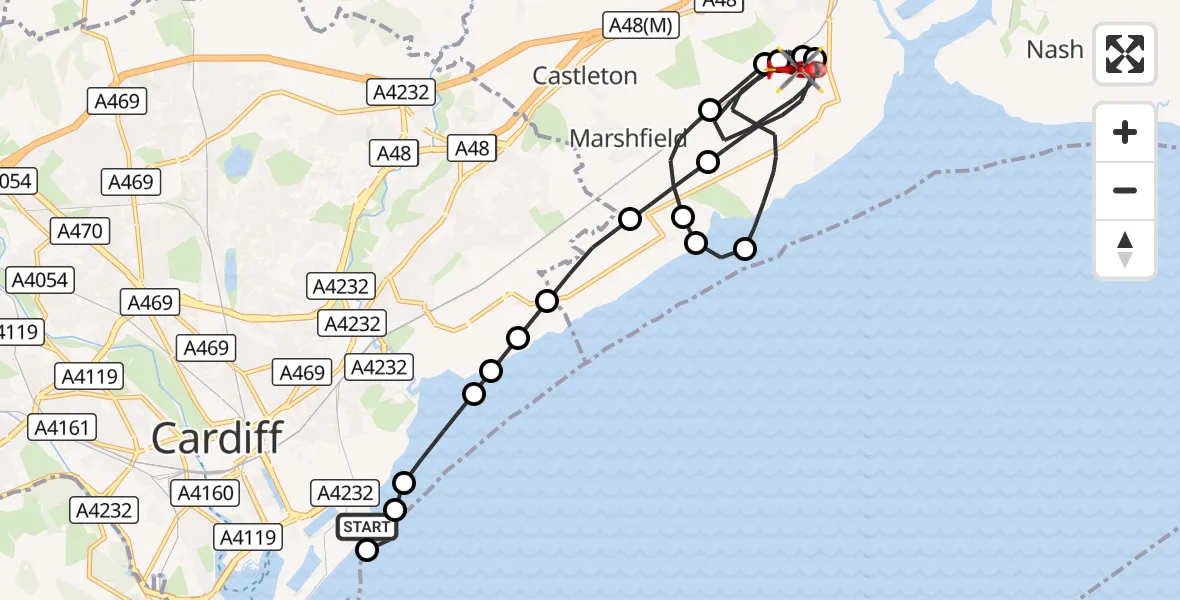 Flight route Air Ambulance Helicopter Cardiff Heliport - Wentlooge, 19 October 2026, 20:36