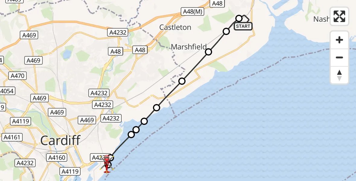 Flight route Air Ambulance Helicopter Wentlooge - Cardiff Heliport, 19 October 2026, 20:54