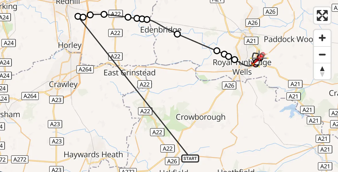 Flight route Air Ambulance Helicopter Buxted - Pembury, 19 October 2026, 20:55