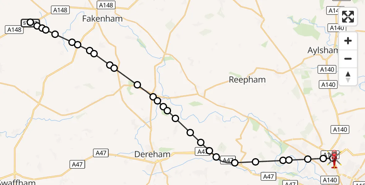 Flight route Air Ambulance Helicopter East Rudham - Norwich Airport, 19 October 2026, 21:01