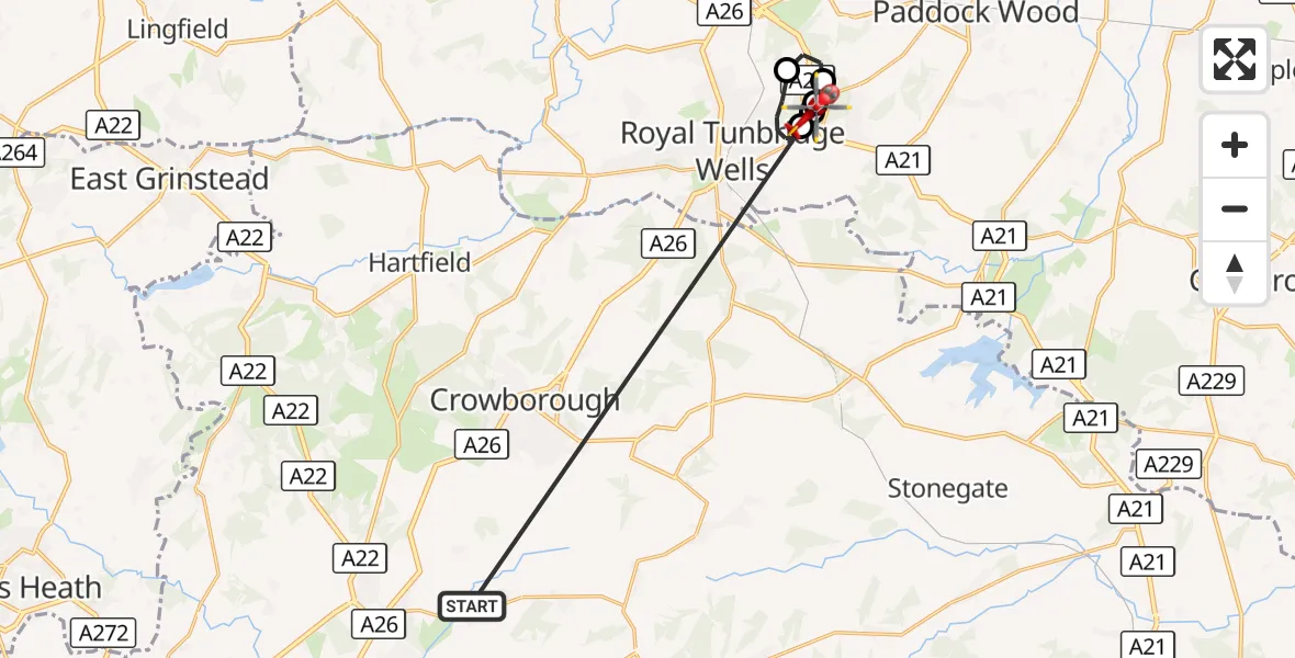 Flight route Air Ambulance Helicopter Buxted - Pembury, 19 October 2026, 21:16