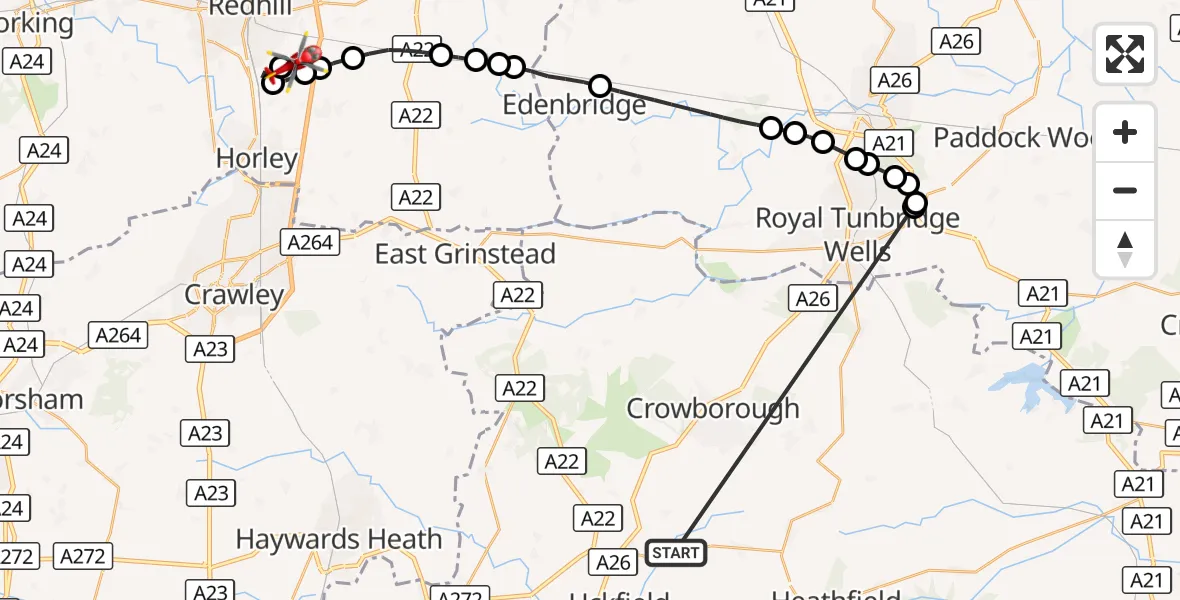 Flight route Air Ambulance Helicopter Buxted - Redhill Aerodrome, 19 October 2026, 21:22