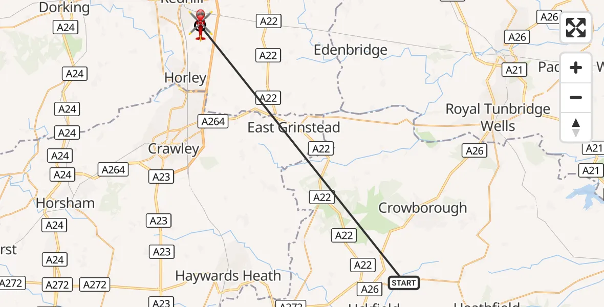 Flight route Air Ambulance Helicopter Buxted - Redhill Aerodrome, 19 October 2026, 21:38