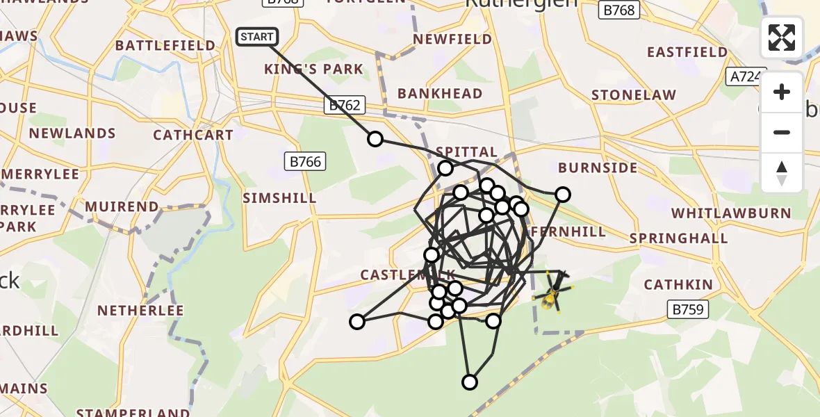 Flight route Police Helicopter Glasgow - Glasgow, 19 October 2026, 21:55