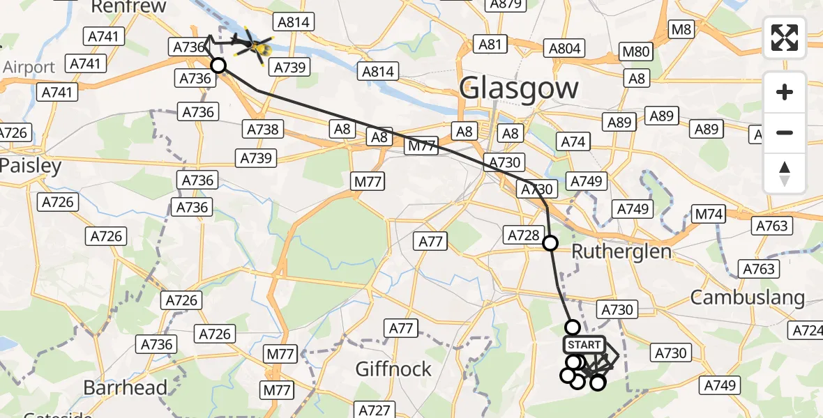 Flight route Police Helicopter Glasgow - Renfrew, 19 October 2026, 22:39