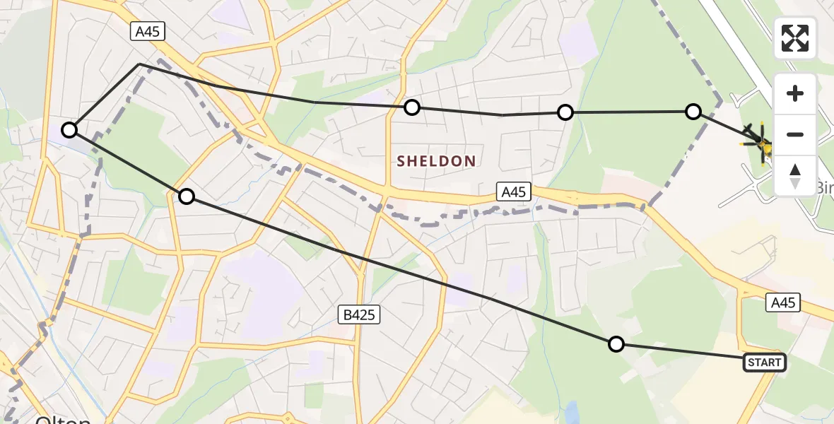Flight route Police Helicopter Birmingham Airport - Birmingham Airport, 19 October 2026, 23:16