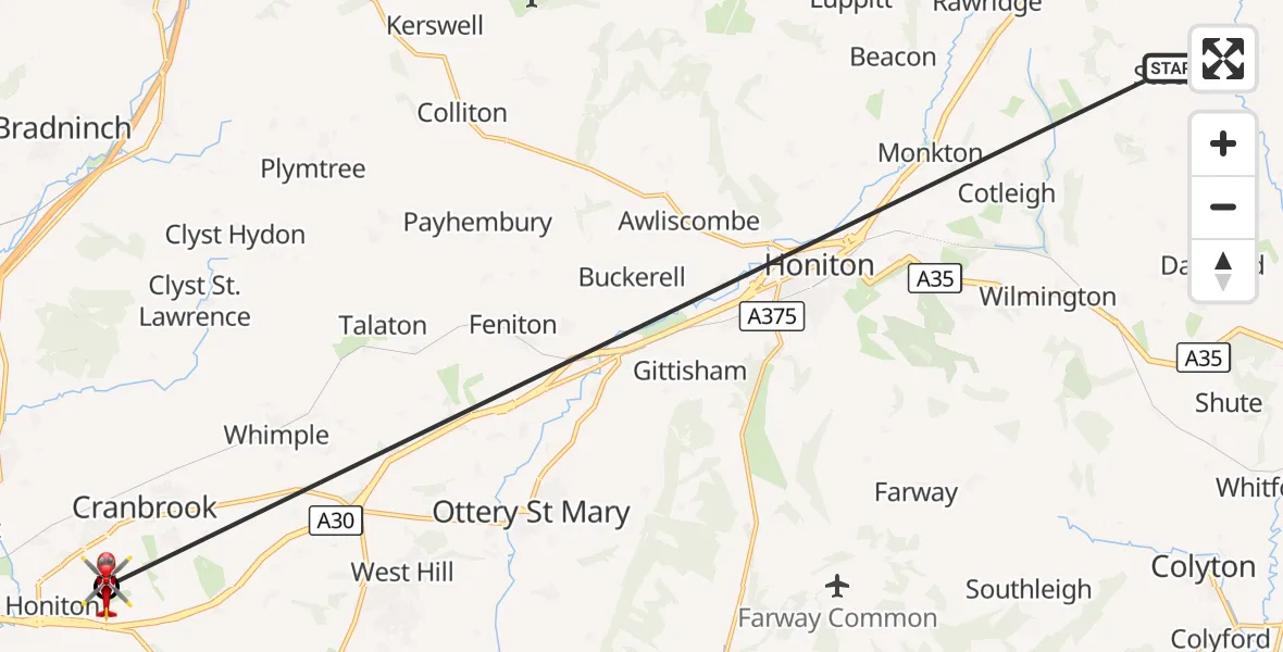 Flight route Air Ambulance Helicopter Stockland - Exeter International Airport, 20 October 2026, 07:11