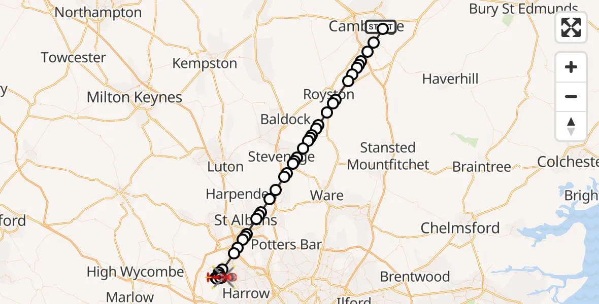 Flight route Air Ambulance Helicopter Cambridge City Airport - Three Rivers, 20 October 2026, 07:59