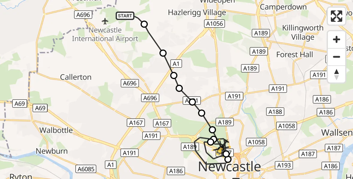 Flight route Police Helicopter Newcastle International Airport - Spital Tongues, 20 October 2026, 08:15