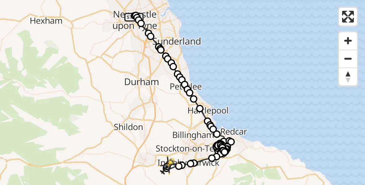 Flight route Police Helicopter Haymarket - Teesside International Airport, 20 October 2026, 08:29