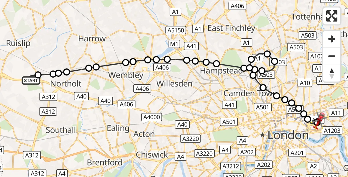 Flight route Air Ambulance Helicopter RAF Northolt - Royal London Hospital, 20 October 2026, 08:44