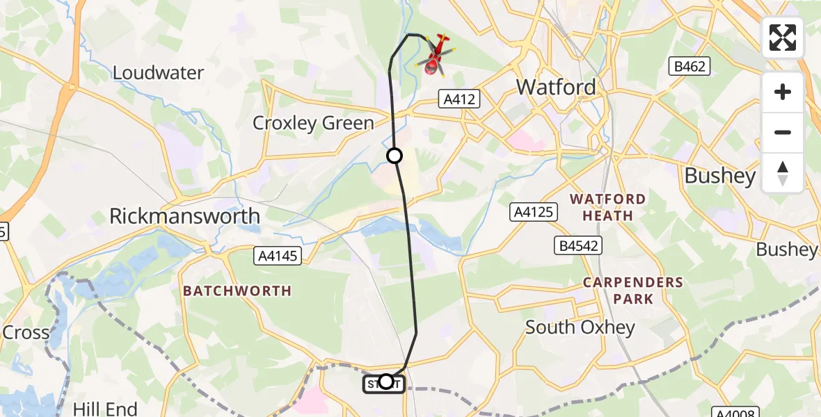 Flight route Air Ambulance Helicopter Northwood - Watford, 20 October 2026, 09:00